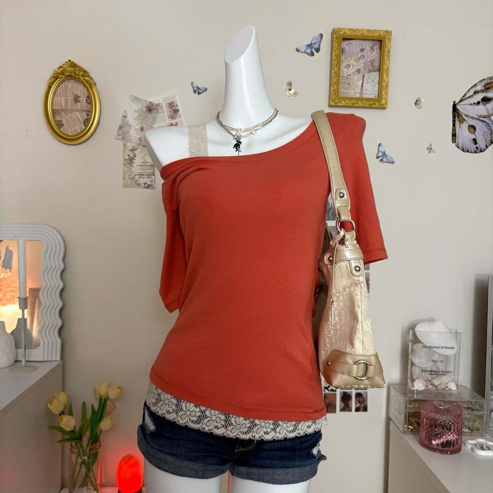 Cynthia Rowley Terracotta Rust Off Shoulder Short Sleeve Top Y2K Fairycore Minim
